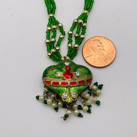 Gorgeous Green Bollywood Style Indian Necklace Handcrafted Enamel Seed Beads - Picture 4 of 16
